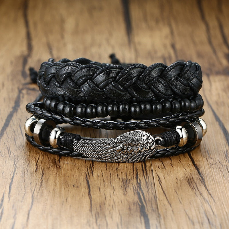 4Pcs/ Set Braided Wrap Leather Bracelets for Men Vintage