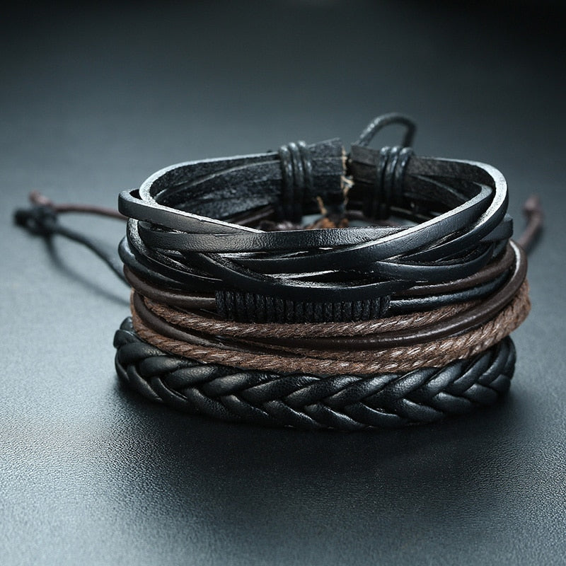 4Pcs/ Set Braided Wrap Leather Bracelets for Men Vintage