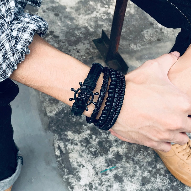 4Pcs/ Set Braided Wrap Leather Bracelets for Men Vintage