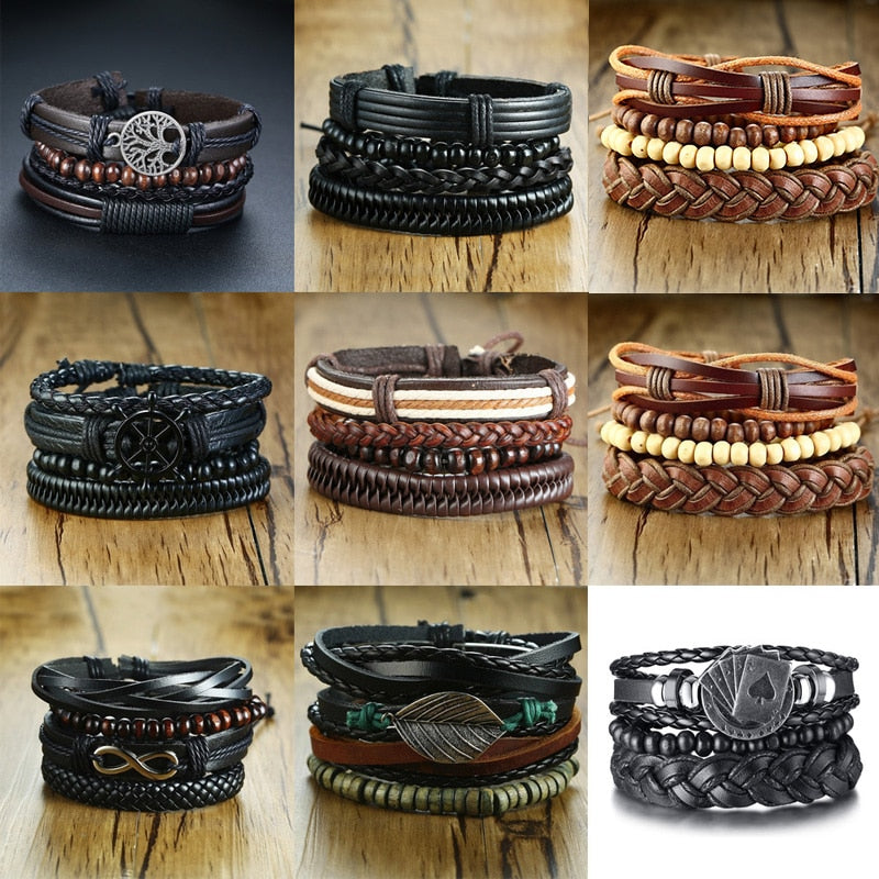 4Pcs/ Set Braided Wrap Leather Bracelets for Men Vintage