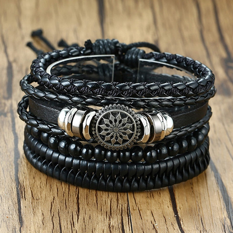 4Pcs/ Set Braided Wrap Leather Bracelets for Men Vintage