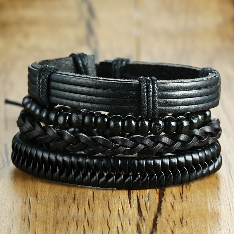 4Pcs/ Set Braided Wrap Leather Bracelets for Men Vintage