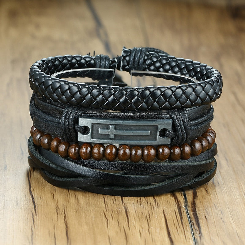 4Pcs/ Set Braided Wrap Leather Bracelets for Men Vintage