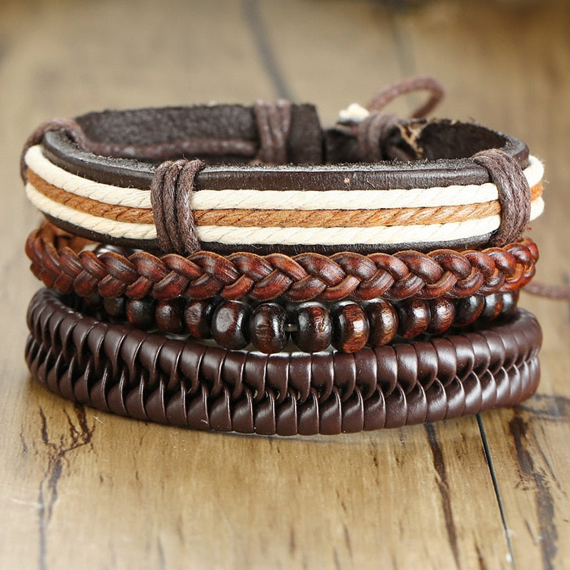 4Pcs/ Set Braided Wrap Leather Bracelets for Men Vintage