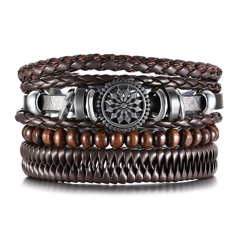 4Pcs/ Set Braided Wrap Leather Bracelets for Men Vintage