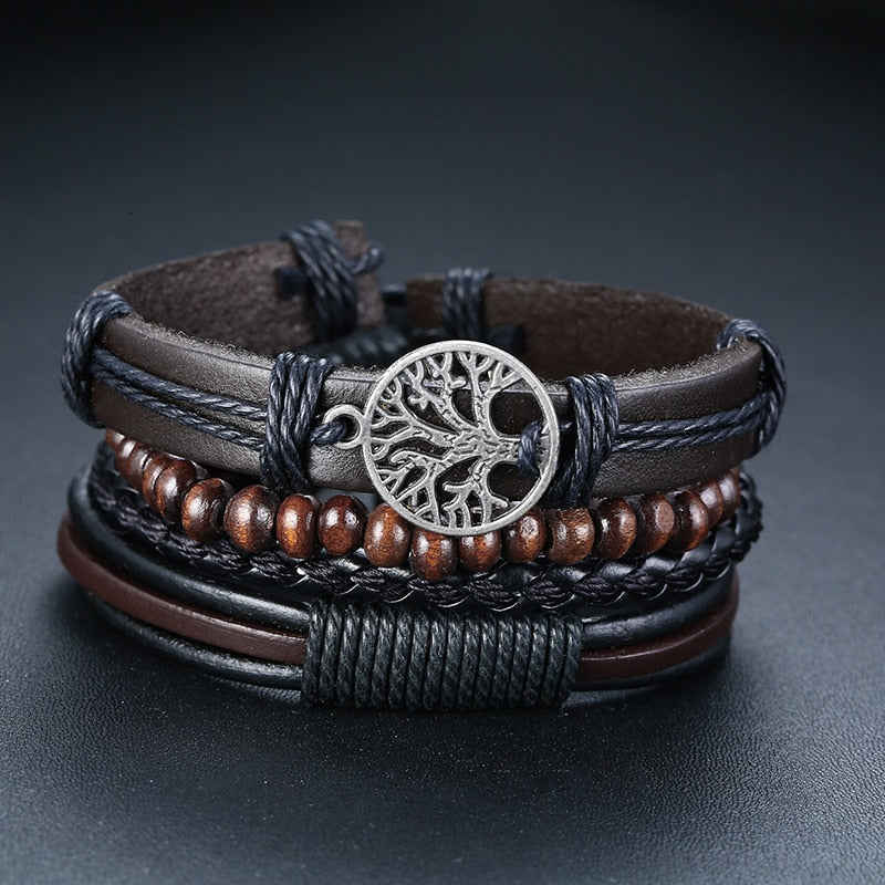 4Pcs/ Set Braided Wrap Leather Bracelets for Men Vintage