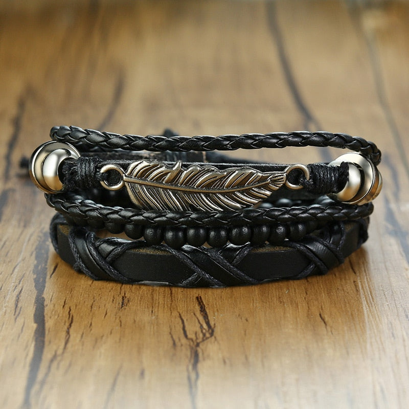 4Pcs/ Set Braided Wrap Leather Bracelets for Men Vintage