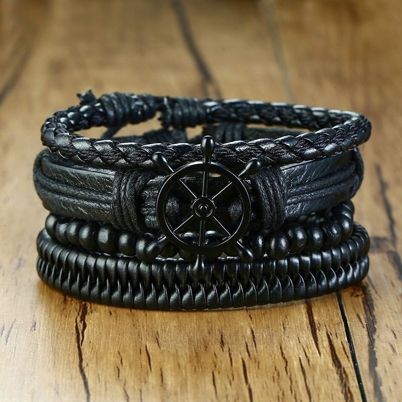 4Pcs/ Set Braided Wrap Leather Bracelets for Men Vintage