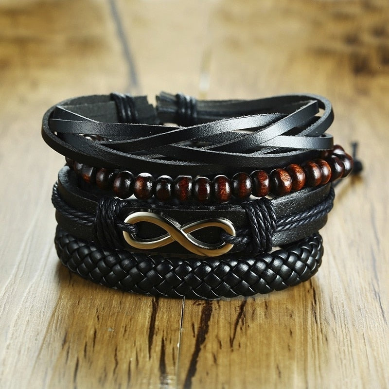 4Pcs/ Set Braided Wrap Leather Bracelets for Men Vintage