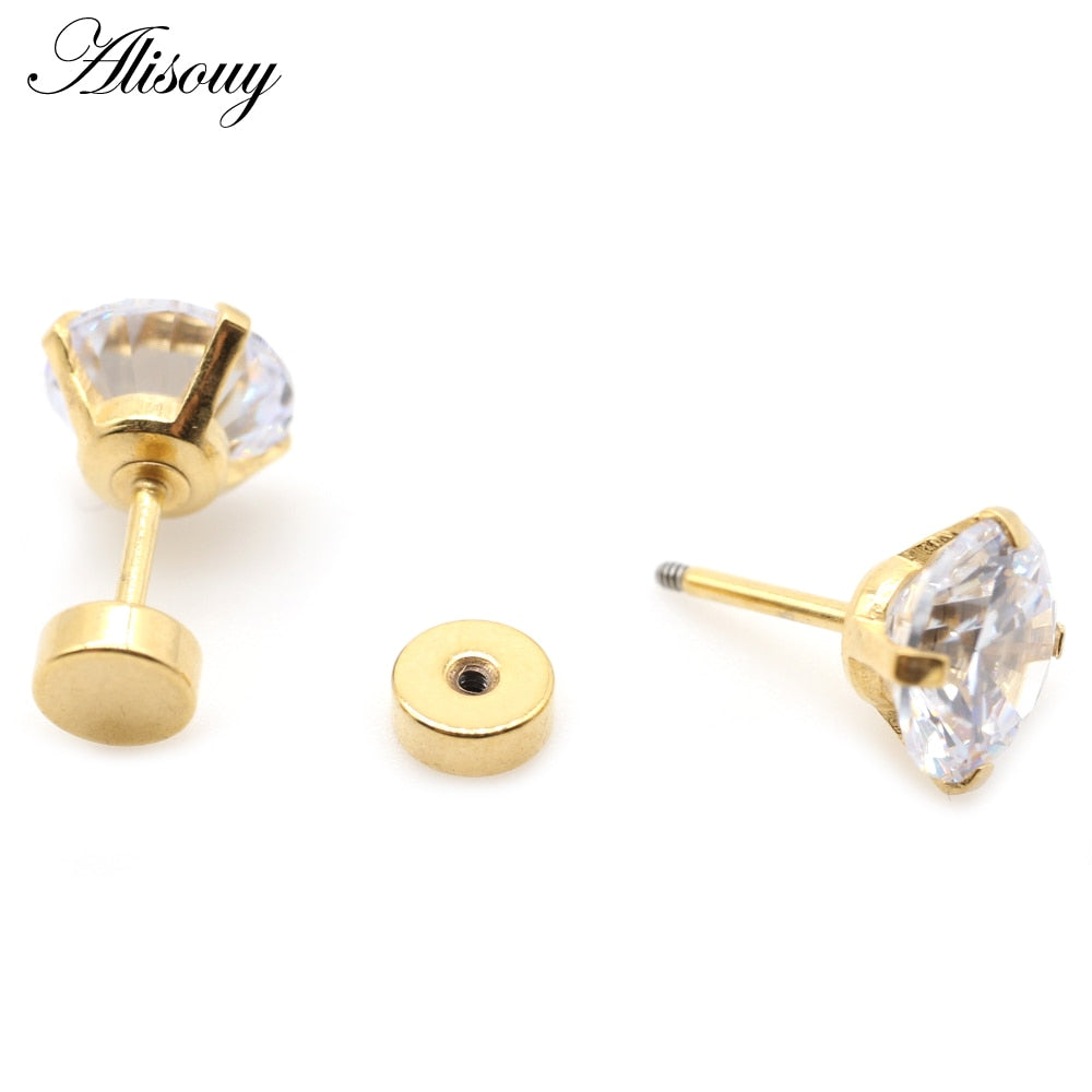 Alisouy 2pcs Stainless steel Unisex Women Men Round Crystal Zircon Ear Studs Earrings  4 Prong Tragus Cartilage Piercing Jewelry