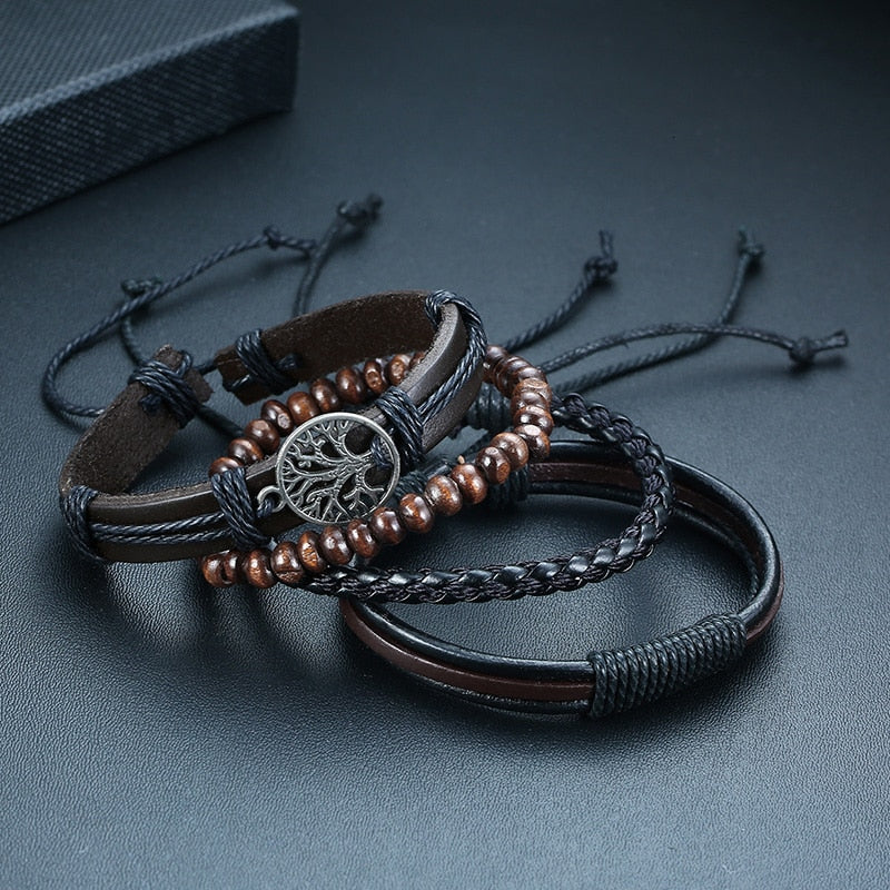 4Pcs/ Set Braided Wrap Leather Bracelets for Men Vintage