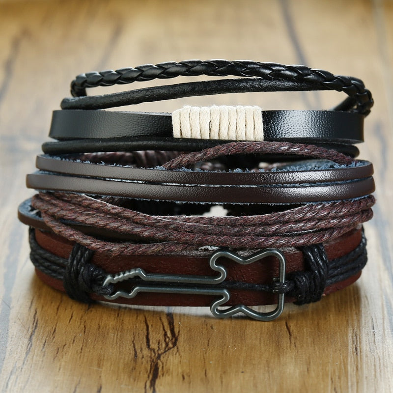 4Pcs/ Set Braided Wrap Leather Bracelets for Men Vintage