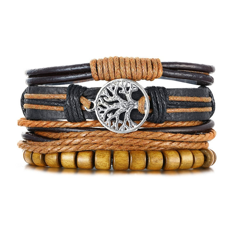 4Pcs/ Set Braided Wrap Leather Bracelets for Men Vintage