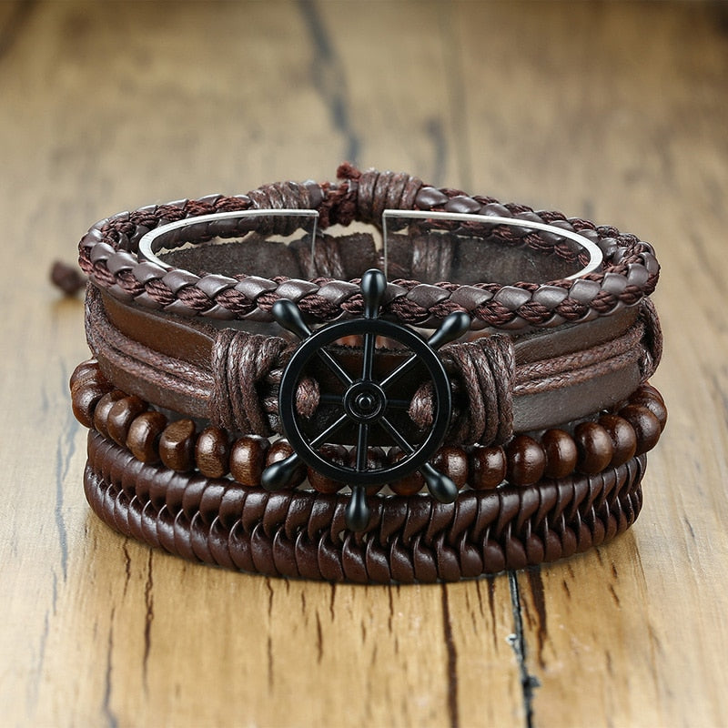 4Pcs/ Set Braided Wrap Leather Bracelets for Men Vintage