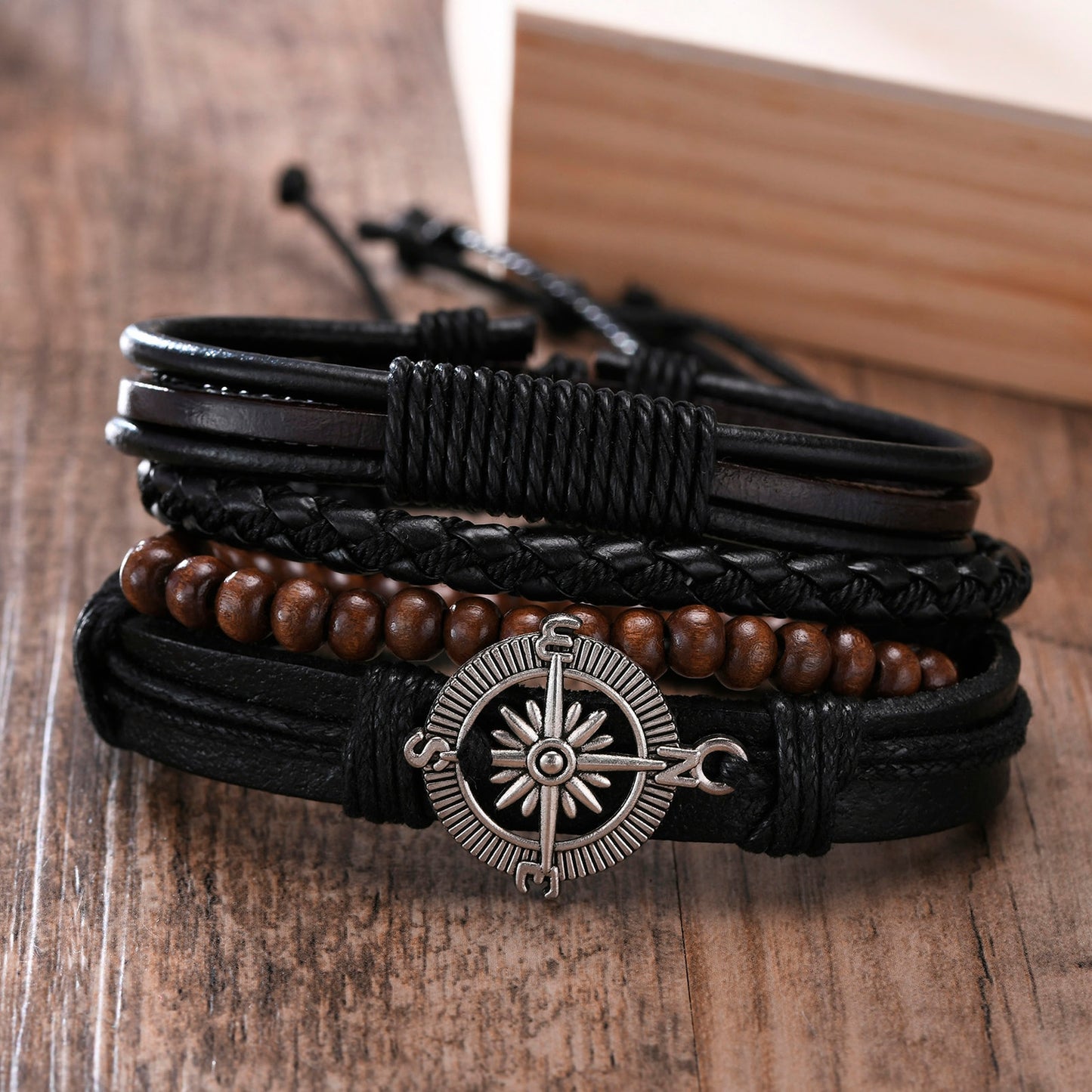 4Pcs/ Set Braided Wrap Leather Bracelets for Men Vintage