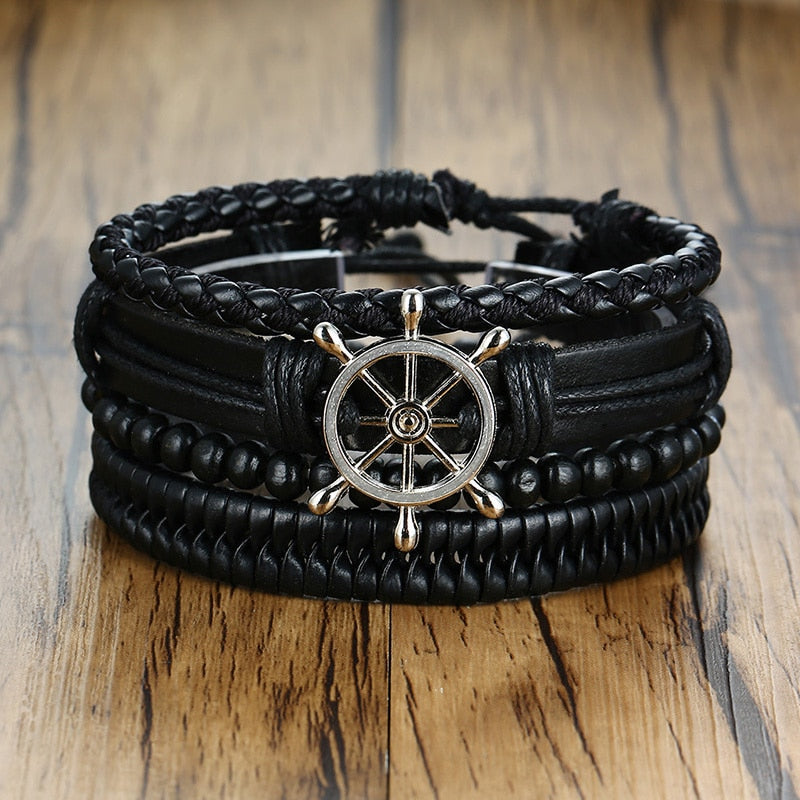 4Pcs/ Set Braided Wrap Leather Bracelets for Men Vintage