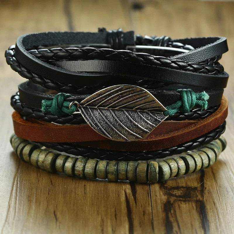 4Pcs/ Set Braided Wrap Leather Bracelets for Men Vintage