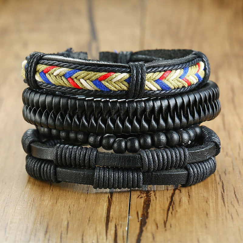 4Pcs/ Set Braided Wrap Leather Bracelets for Men Vintage