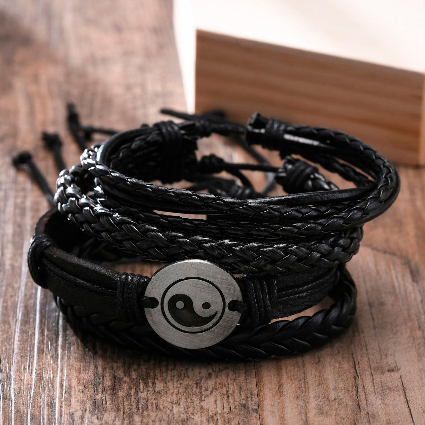 4Pcs/ Set Braided Wrap Leather Bracelets for Men Vintage