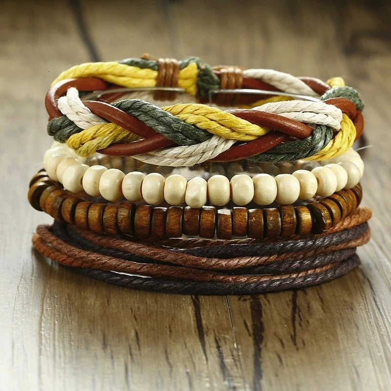 4Pcs/ Set Braided Wrap Leather Bracelets for Men Vintage