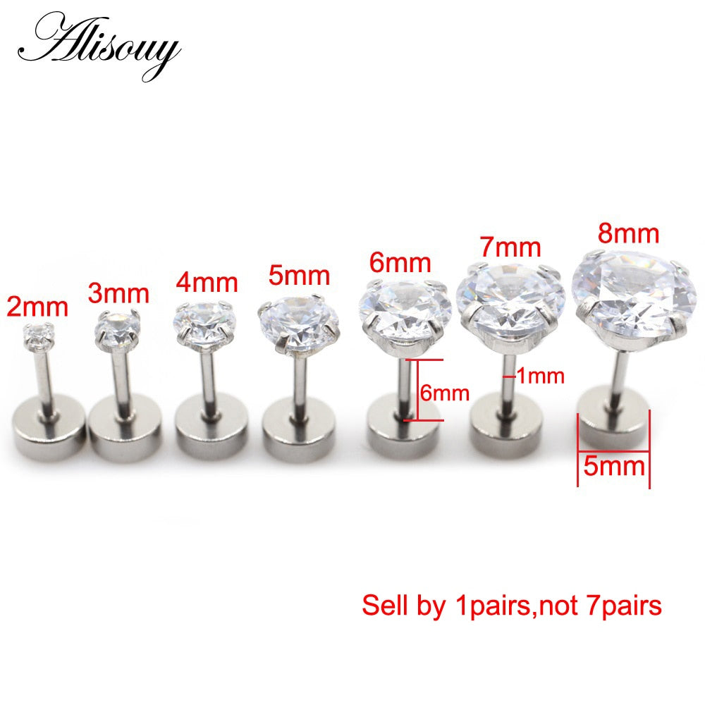 Alisouy 2pcs Stainless steel Unisex Women Men Round Crystal Zircon Ear Studs Earrings  4 Prong Tragus Cartilage Piercing Jewelry