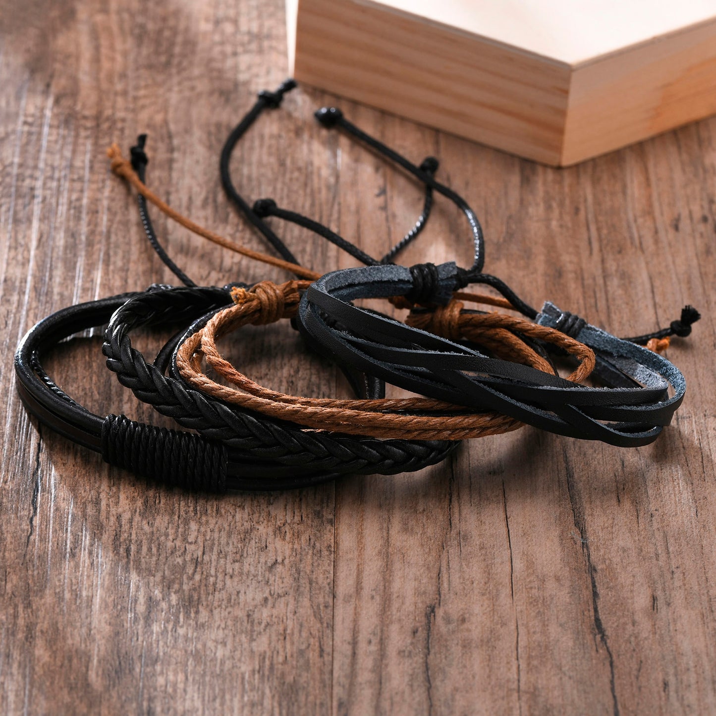 4Pcs/ Set Braided Wrap Leather Bracelets for Men Vintage