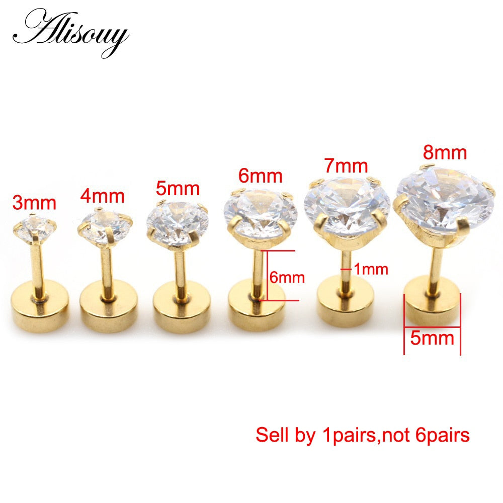 Alisouy 2pcs Stainless steel Unisex Women Men Round Crystal Zircon Ear Studs Earrings  4 Prong Tragus Cartilage Piercing Jewelry